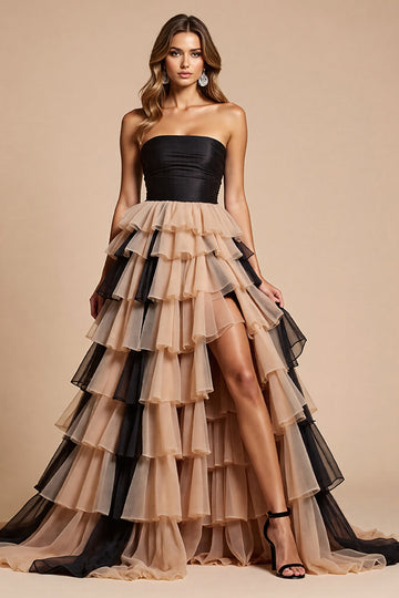 Black Pink A Line Strapless Tiered Prom Dress